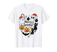Merry Spooky Halloween Natale Carino Gatti Zucche Teschi Maglietta