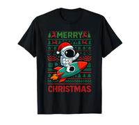 Merry Ugly Christmas Funny Santa Astronaut Riding Rocket Maglietta