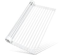 MERRYBOX Scolapiatti arrotolabile, avvolto in silicone sopra il lavello, scolapiatti pieghevole, antiscivolo, per bancone da cucina, scolapiatti multiuso, 43,2 x 33 cm, bianco