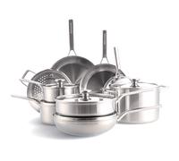 Merten & Storck Tri-Ply Set di pentole e padelle in acciaio inox a triplo strato, 14 pezzi, multistrato, compatibile con piani di cottura a induzione, a gas ed elettrici, adatto al forno, argento