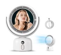 MERTTURM Ventilatore Portatile da Scrivania con Specchio Trucco e Luce di Ripiego, 6000mAh Ventilatore Piccolo Silenzioso da Tavolo Ricaricabile USB con Specchio Illuminato per Viaggio-Rotazione Auto