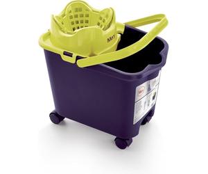 Mery | Set Cubo+Mop+Stick | Benna Scolagocciolatore Automatico con Ruote Viola e Lime, 14L | Mop in microfibra super assorbente, filo universale | Bastone telescopico in acciaio plastificato, 80-140cm