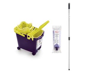 Mery | Set Cubo+Mop+Stick | Secchio Scolapiatti Automatico con Ruote e Benna Multiuso Viola e Calce, 14L | Mop in microfibra assorbente, Universal Thread Bastone telescopico in acciaio plastificato