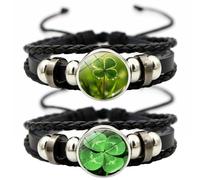 MESARCH 2 braccialetti da uomo con quadrifoglio irlandese, braccialetto regolabile in pelle intrecciata per il giorno di San Patrizio, per papà, marito, coppie, gioielli, Free Size, Pelle, Vetro