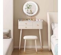 MESCXTY Mobiletto da toeletta con luci e sgabello, specchio, illuminazione a 3 colori, tavolo da trucco in legno e ferro beige per camera (60x45x82 cm)