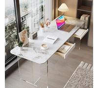 MESCXTY Scrivania sospesa marmorizzata con 2 cassetti, moderna scrivania per computer in pietra con gambe trasparenti in acrilico, scrivania rettangolare da gioco per casa e ufficio (140 x 60 x 75 cm