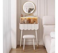 MESCXTY Tavolo da toeletta piccolo, scrivania per trucco con luci, specchio e sgabello, cassetti e luci in legno ingegnerizzato per la stanza (bianco, 60x43,5x93,5 cm)