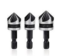 Mesee Set di 3 Punte Frese Smussatrici Svasatore Conico a 90 Gradi, Fresa a 5 Taglienti Punte per Trapano Svasatore 1/4" Codolo Esagonale Taglio Smussatura in Acciaio 12mm/16mm/19mm per Legno PVC