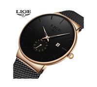 (Mesh belt red needle) LIGE Mens Watch Business Fashion Ultra Thin Big Dial Waterproof Quartz Wristwatch Minimalist High Aesthetic for Students