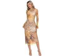 Mesh midi abito aderente elastico Vintage astratto disordinato ruggine | abito aderente increspato manica lunga svasata collo finto increspato guaina abiti midi per le donne per cena S