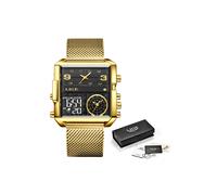 (Mesh Oro Nero) Orologio da uomo alla moda in acciaio nero, con doppio display digitale, cronografo sportivo,