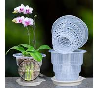 Meshpot Vasi trasparenti per orchidee da 10,2 cm, con fori e piattini per rinvaso, confezione da 4, piccole fioriere in plastica per orchidee forniscono una buona circolazione dell'aria, vasi per