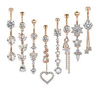 Mesnt 8 Pezzi Anello con Ombelico 316L Acciaio Chirurgico 14G Cuore Foglia Fiore Infinito Zirconia Cubica Rotonda Ciondola Piercing Ombelico Acciaio Chirurgico Pendenti, Oro Rosa