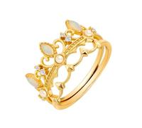 Mesnt Anelli Nuziali, Set vintage di anello di fidanzamento con corona a 2 pezzi con opale e perle in Oro giallo 14 carati da Donna, Taglia 8