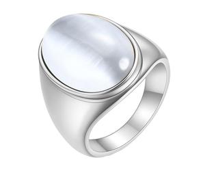 Mesnt Anelli Promessa, 23MM Grande Pietra Ovale in Stile Punk Anello per Il Dito Indice in Acciaio Inossidabile per Uomo Donna Argento Bianco, Misura 20