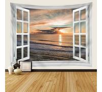 Mesnt Arazzo Paesaggio di Mare, Finestra Bianca con Scenario di Alba sul Mare Coperta/Tappeto per Il Soggiorno, Decorazione della casa, 150x150cm
