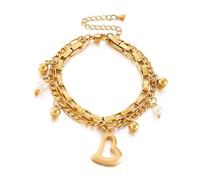 Mesnt Braccialetto Oro Donna, Bracciale A Catena Semplice A Doppio Strato con Palline e Ciondolo A Cuore 18+5cm Lunghezza Estensore in Acciaio Inossidabile per Donne Oro