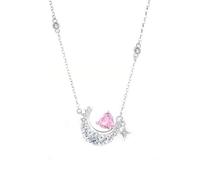 Mesnt Collana Donna Oro Bianco, Donna Oro Bianco 9 carati Collana Luna con Cuore in Zaffiro Rosa Creato in Laboratorio e Ciondolo a Forma di Stella in Moissanite, Lunghezza 40+5cm