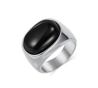 Mesnt Fede Nuziale da Uomo, Uomo Acciaio Inossidabile Anelli con Gemma Ovale Nera da 15mm, Argento Pietra Nera, Taglia 30
