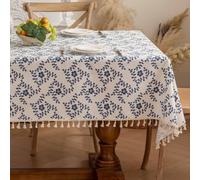 Mesnt Kitchen Tovaglia Antimacchia Cotone Poliestere, Beige Blu, 90x90CM