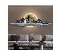 MESOVFCA Paesaggio 3D Wall Art Decor con luce LED tradizionale scultura orientale da parete con albero e montagna che scorre acqua porta ricchezza pittura murale lampada murale
