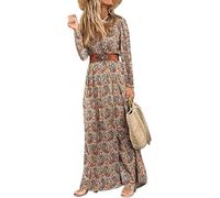 MessBebe delle Donne Boho Stampa Floreale Maxi Abito Scollo a V Maniche Lunghe a Vita Alta Abito con Cintura Marrone L