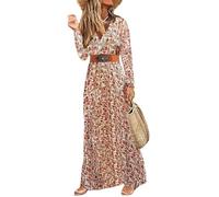 MessBebe delle Donne Boho Stampa Floreale Maxi Abito Scollo a V Maniche Lunghe a Vita Alta Abito con Cintura Rosso M