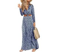 MessBebe delle Donne Boho Stampa Floreale Maxi Abito Scollo a V Maniche Lunghe a Vita Alta Abito con Cintura Blu S