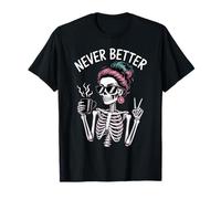 Messy Bun Skeleton with Coffee Funny Spooky Coffee Lover Maglietta
