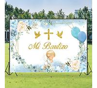 Mestiker 2,1 x 1,5 m God Bless Fondale Prima Comunione Battesimo Decorazioni Blu Fiore Dorato Glitter Croce Ragazzo Battesimo Festa di Battesimo Decorazione Tavolo Banner Photo Booth Puntelli