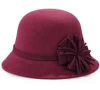 MESU Cappello da donna in feltro a cloche floreale Fedora Cappello alla pescatora anni '20 Vintage Bombetta, Rosso vinaccia, Taglia unica