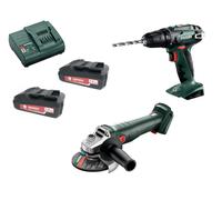 Metabo Kit 18V Trapano BS 18 + W 18 7-125 Smerigliatrice 2x 1,5Ah e caricatore