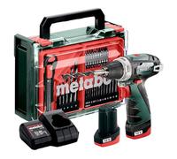 metabo Trapano avvitatore a batteria PowerMaxx BS Basic Set - 12 V, coppia 34 Nm, 2 marce, mandrino a sgancio rapido, luce LED, gancio per cintura, compatto - Include 2 batterie, caricabatterie, set