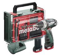 metabo Trapano avvitatore a batteria PowerMaxx BS Basic Set - 12 V, coppia 34 Nm, 2 marce, mandrino a sgancio rapido, luce LED, gancio per cintura, compatto - Include 2 batterie, caricabatterie, set