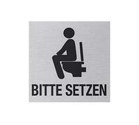 Metafranc Cartello adesivo "Bitte setzen en" - 80 x 80 mm - in alluminio - in moderno effetto acciaio inox - retro autoadesivo/segnaletica/cartello informativo/targhetta per WC / 507180