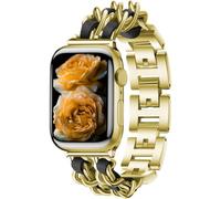 Metal Chain Band Compatible with Apple Watch Ultra3/2/1 SE3/2/1 Series11/10/9/8/7/6/5/4/3/2/1 Braccialetto Stile Western per Donna 38/40/41/42/44/45/46/49mm - Oro+Pelle