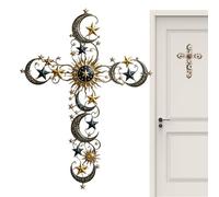 Metal Cross Wall Art With Moon & Star - Hangable Religious Decor For Home