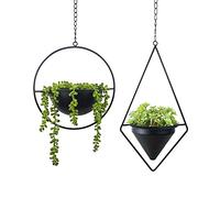 Metal Hanging Planters, Modern Plant Hanger with Pots, Set of 2 Black Plant Holders in Diamond and Round Shape, Small Wall and Ceiling Planter for Indoor Plants, Home Décor- Black