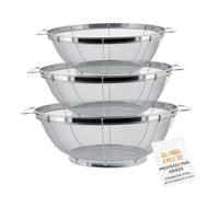 Metal Strainers for Kitchen - 3 Piece Stainless Steel Pasta Strainer Baskets with Handle | Colander Sieves for Rice, Spaghetti, Fruit, Vegetables, Bouillon, Food Drain, Rinse, and Steam Cooking