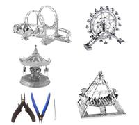 Metal Zone Pack parco divertimenti Puzzle 3D in metallo. Puzzle 3d Montagne russe, barca vichinga, ruota panoramica e giostra. Puzzle in metallo 3D di architettura. Confezione da 4 puzzle 3D in