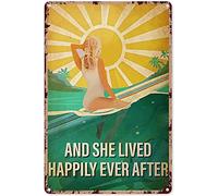 Metallo Targa And She Lived Happily Ever After Surfing Targhe in Metallo Posters Decorativo Targhe da Parete per Bagno Cucina Garage S