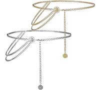 Metallo Vita Catena,2 PCS Cintura Catena per Donne Accessori Abito Moda Cinture Catena Regolabili Cinture Link Corpo Pancia Catena per Abito Pantaloni Cappotto Jeans 90cm D'oro Argento