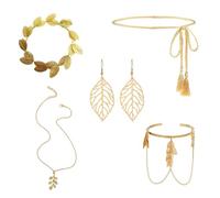 MetalNuts Accessori per costume da dea greca - Set di 5 accessori per costume da dea greca con copricapo dorato con foglia di alloro, collana, orecchini, catena in vita, anello per braccio, gioielli