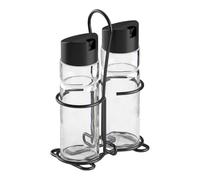 Metaltex Set per aceto e olio, 3 pezzi, dispenser in vetro con supporto in metallo nero