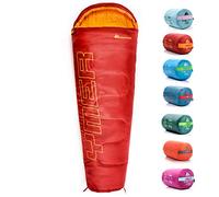 meteor Sacco a Pelo Mummia Ideale per Bambini - Campeggio Viaggio Escursioni Trekking Albergo Treno - leggero Compatto Confortevole con Sacco a Compressione YMER ((130 + 25) x 60/40 cm, Rosso/arancio)