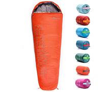 meteor Sacco a Pelo Mummia Ideale per Bambini - Campeggio Viaggio Escursioni Trekking Albergo Treno - leggero Compatto con Sacco a Compressione YMER ((130 + 25) x 60/40 cm, Arancio fluo/grigio)