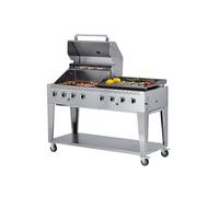 METRO Professional Barbecue a Gas con 8 Bruciatori e Piastra, Acciaio Inox, Coperchio con Termometro, Copertura Protettiva, Ruote, Argento