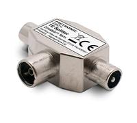 Metronic 336211 - Distributore TV, Splitter coassiale a T, DVB-T2, splitter antenna TV, schermato, metallico 2 ingressi maschio - 1 uscita femmina