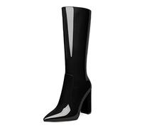 Mettesally Stivali alti al ginocchio da donna Stivali con tacco a blocco Tacco grosso a punta Tacco alto Tirare sulle linguette Stivali con cerniera Scarpe da ufficio Nero EU36
