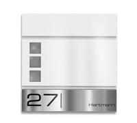 Metzler Cassetta Postale Bianca RAL 9016 con Targhetta in Acciaio Inox - Incisione Laser Personalizzata - Con Finestra e Vano Portagiornali - Modello Oltmann